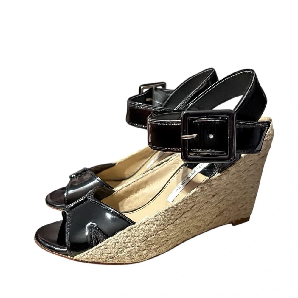 Diane von Furstenberg Sudan Patent Open Toe Espadrille Wedge Heels